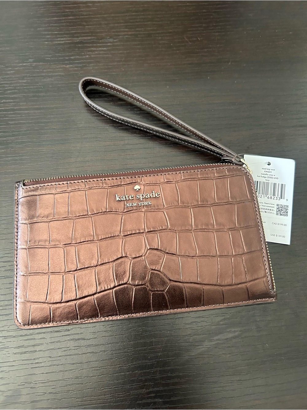 kate spade Lucy mid zip dark brown Metallic Croc-Embossed leather Wristlet pouch